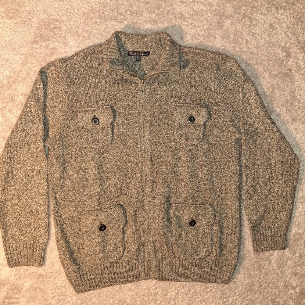 Davis & Squires Mens XL Gray Knit Full Zip Cardigan Sweater 4 Pocket Wool Fall